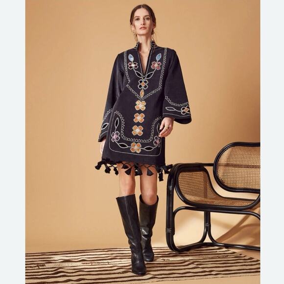 Figue Dresses & Skirts - Figue Catalina Dress In Black Corduroy Floral Print Tassels Size XS